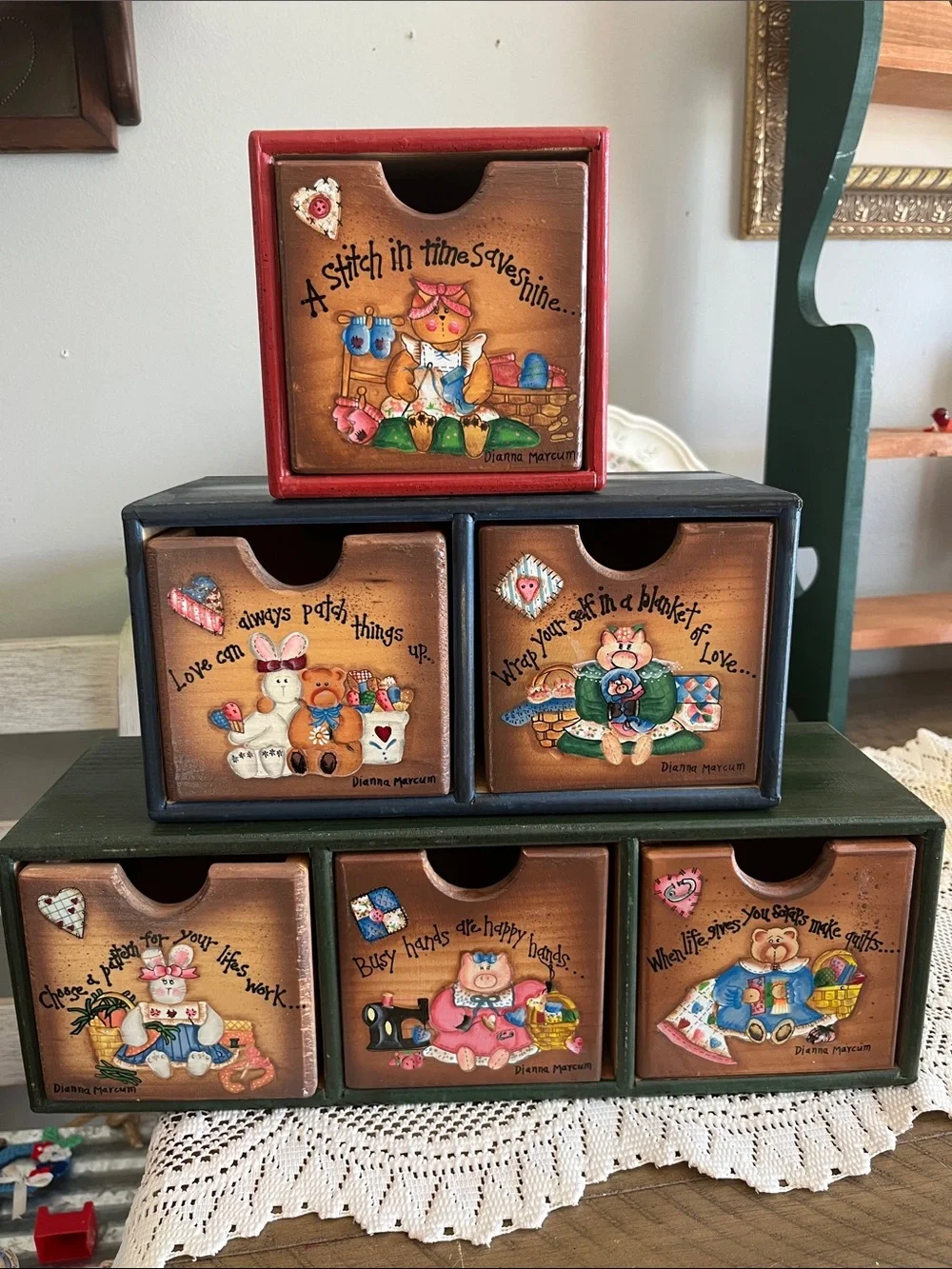 VINTAGE DIANNA MARCUM WOOD SEWING Craft 3 stacking cubby DRAWERS hand painted